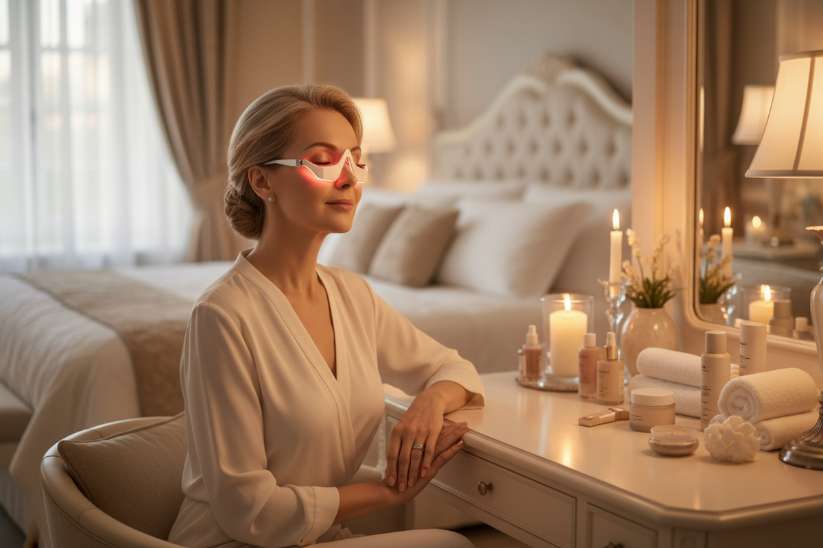 Woman wearing under-eye LED therapy glasses during evening skincare routine